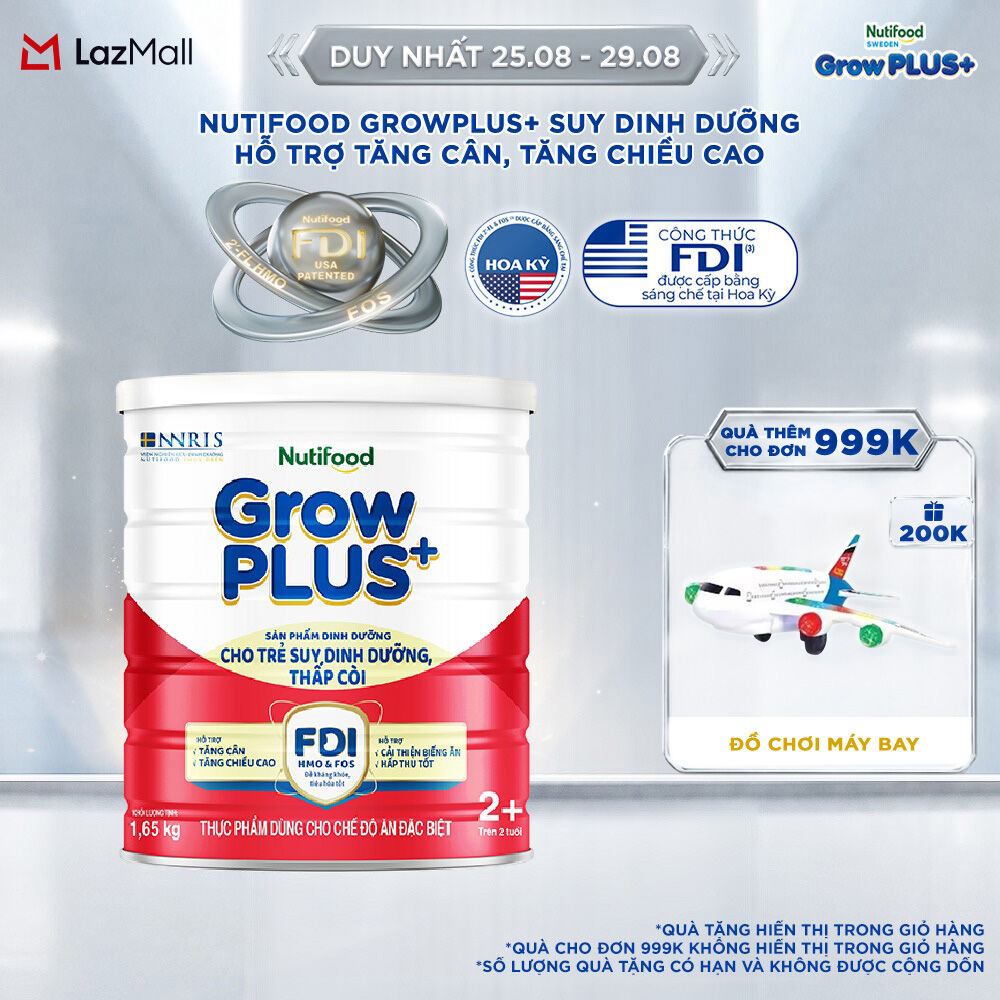 Sữa bột Nutifood GrowPLUS+ Suy Dinh Dưỡng (Đỏ) 2+ - Hỗ trợ tăng cân, tăng chiều cao (Lon 1,65 Kg)