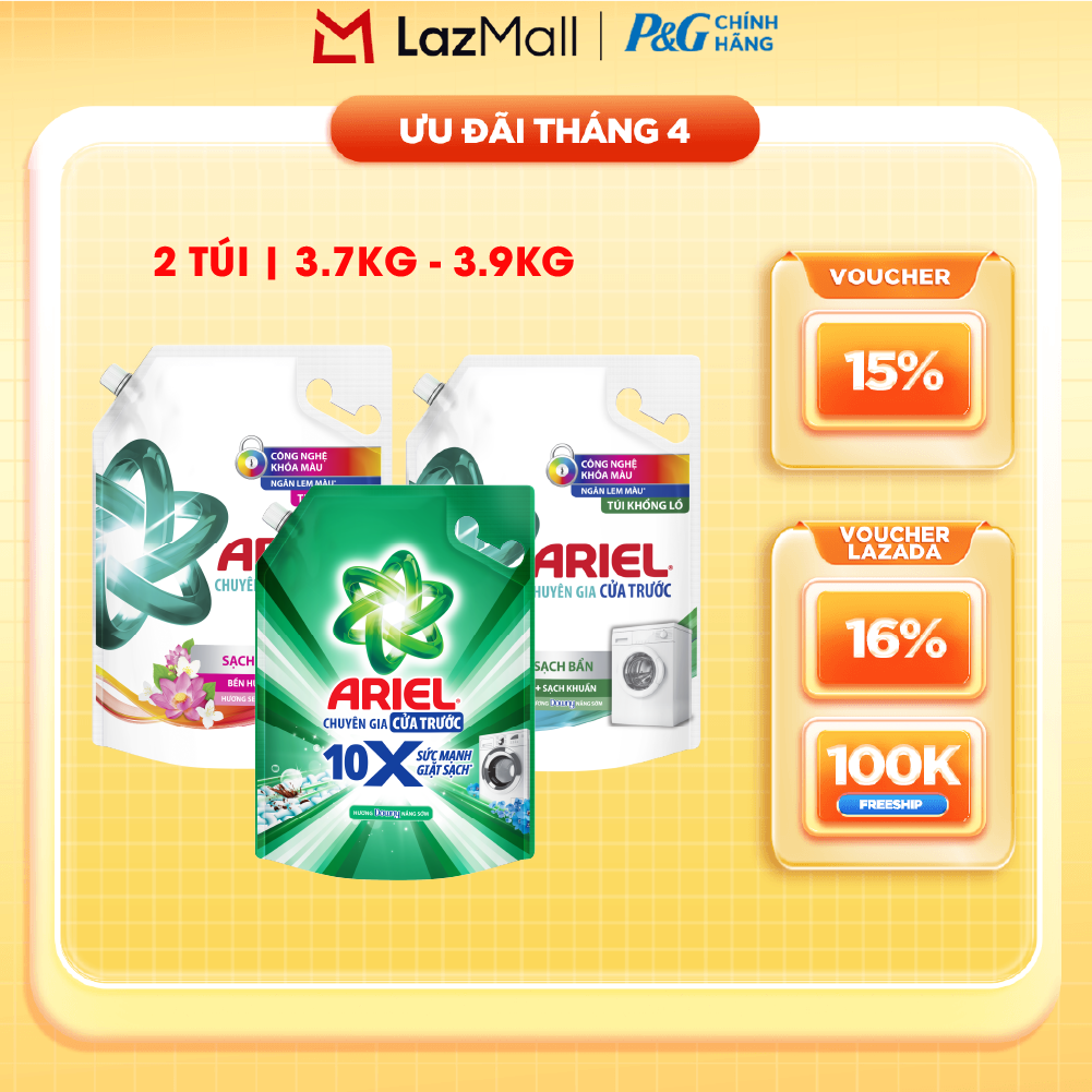 Combo 2 Nước Giặt Cửa Trước ARIEL Ngăn Lem Màu, Quần Áo Siêu Thơm Hương Downy Nắng Sớm/ Hương Sen Nhài/ Oải Hương Túi 3.9KG/ 3.7KG