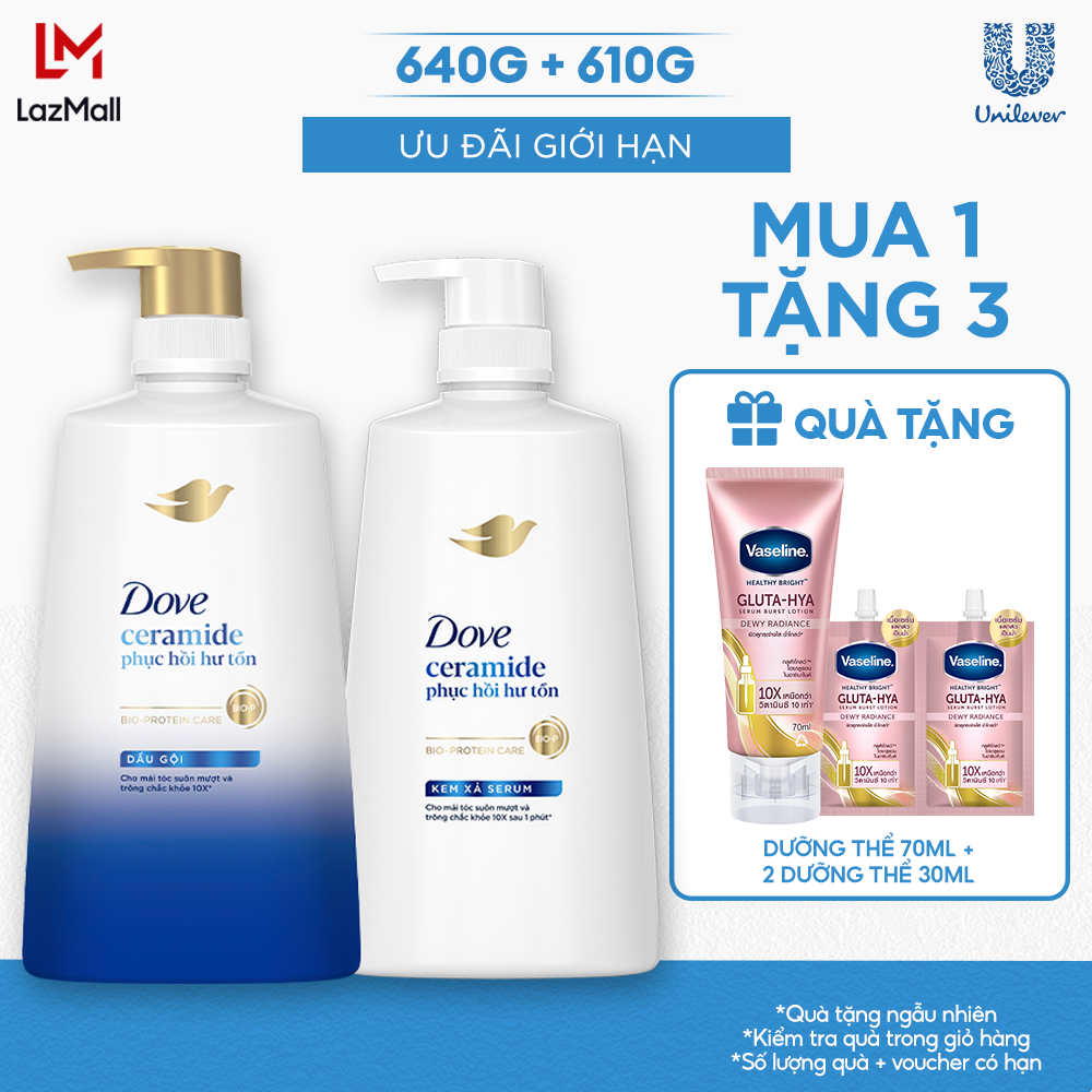 Combo Dầu Gội, Kem Xả Dove Ceramide Phục hồi hư tổn 640g, 610g