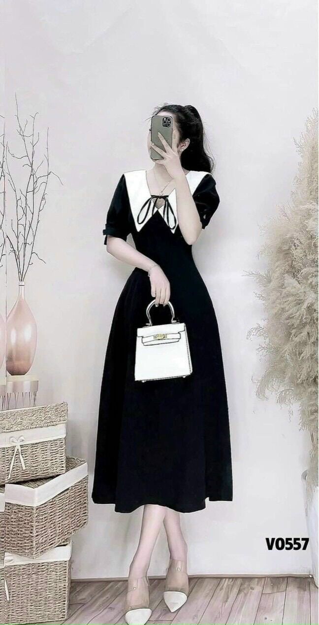Đầm midi tiểu thư cổ sơ mi