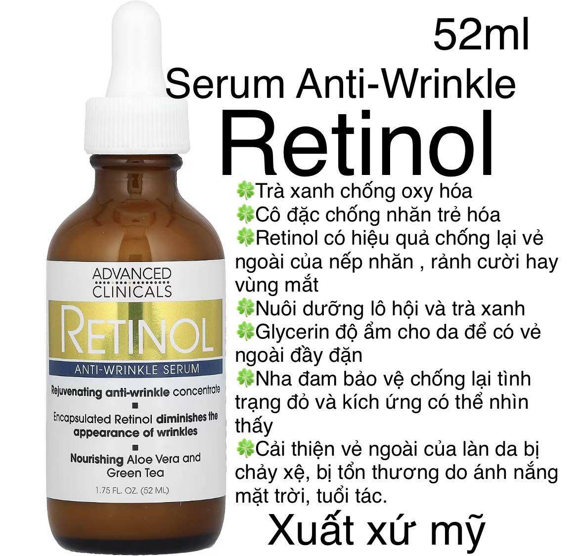 Serum Retinol Anti-Wrinkle trẻ hoá da giảm mụn Advanced Clinicals 52ml