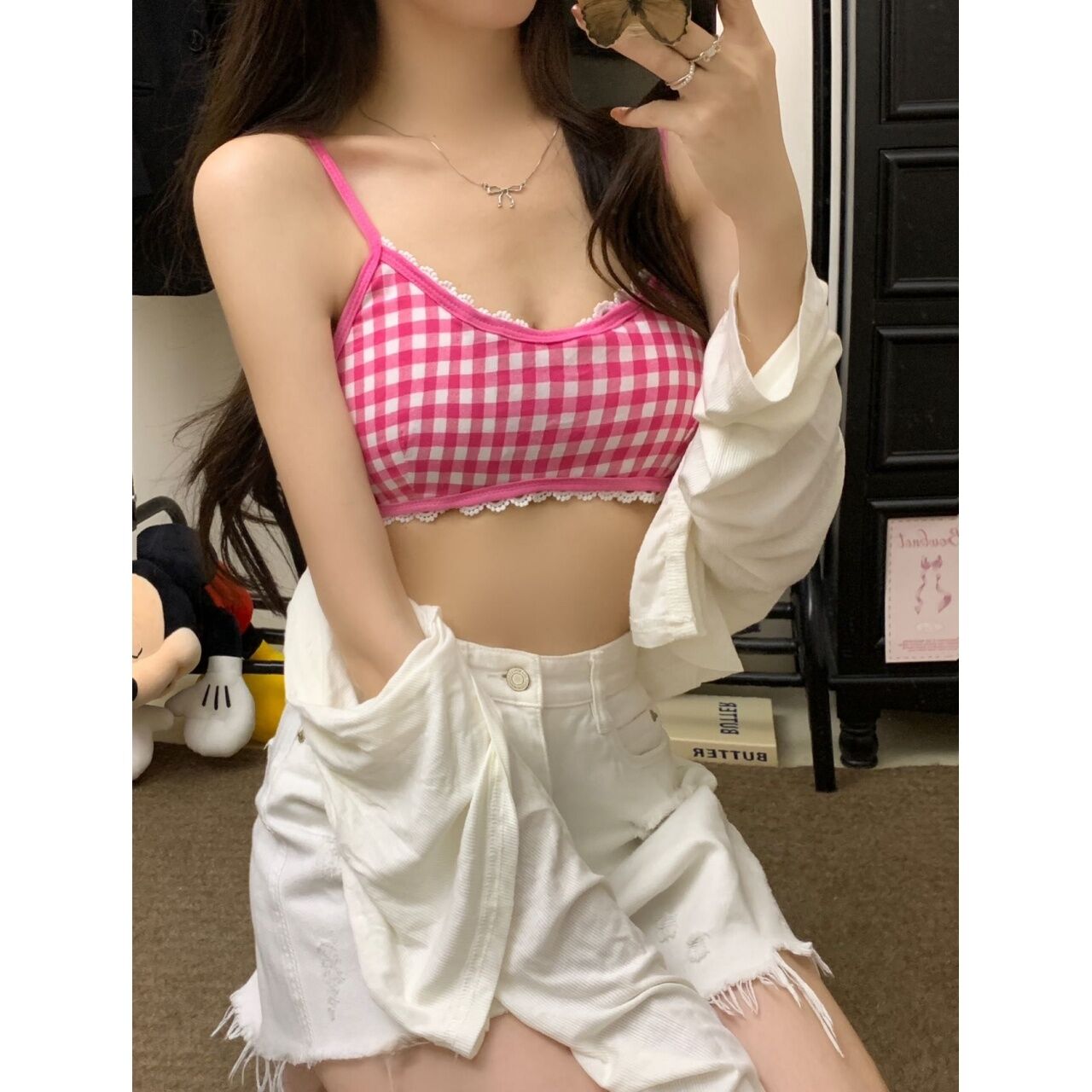 Áo Vest Ngắn Kiểu Pháp Ngọt Ngào Kẻ Caro Dành Cho Nữ Mùa Hè 2024 Áo Vest Hở Lưng Ôm Vừa Vặn Chất Liệu Cotton Pha Trộn