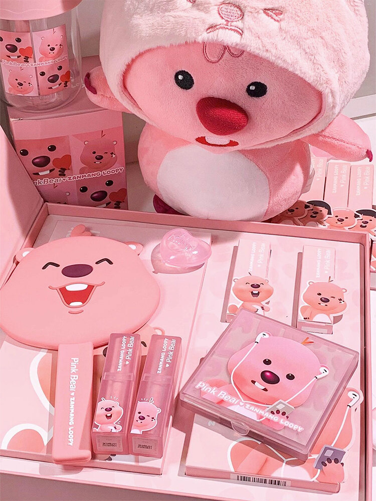 Hộp Quà Liên Danh Loopy Pink Bear Hộp Son Kem E05 Son Bóng Mắt Son Môi Quà Tặng Trang Điểm