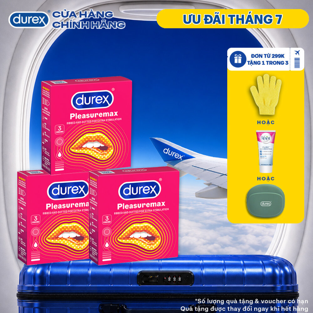 Combo 3 bao cao su Durex Pleasuremax gân gai tăng khoái cảm (size 56mm, 3 bao/hộp)