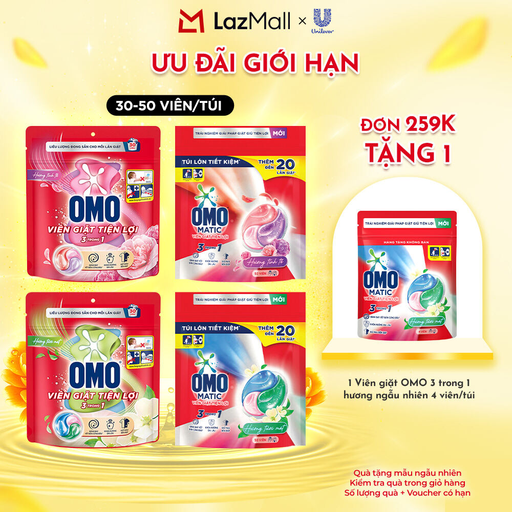 Túi viên giặt tiện lợi OMO 3 trong 1 Hương Tinh Tế/Tươi Mát 30-50 viên/túi (bao bì tùy lô nhập hàng)