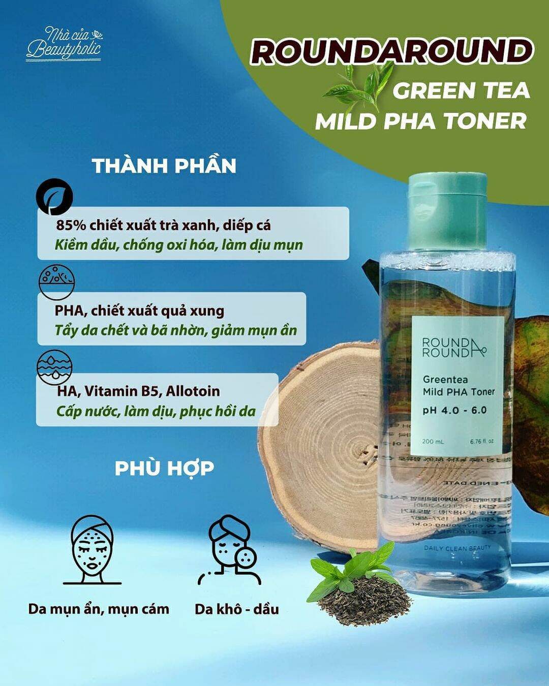 [Hcm][Nhacuabeautyholic] Toner Trà Xanh Roundaround Green Tea Mild Pha Toner