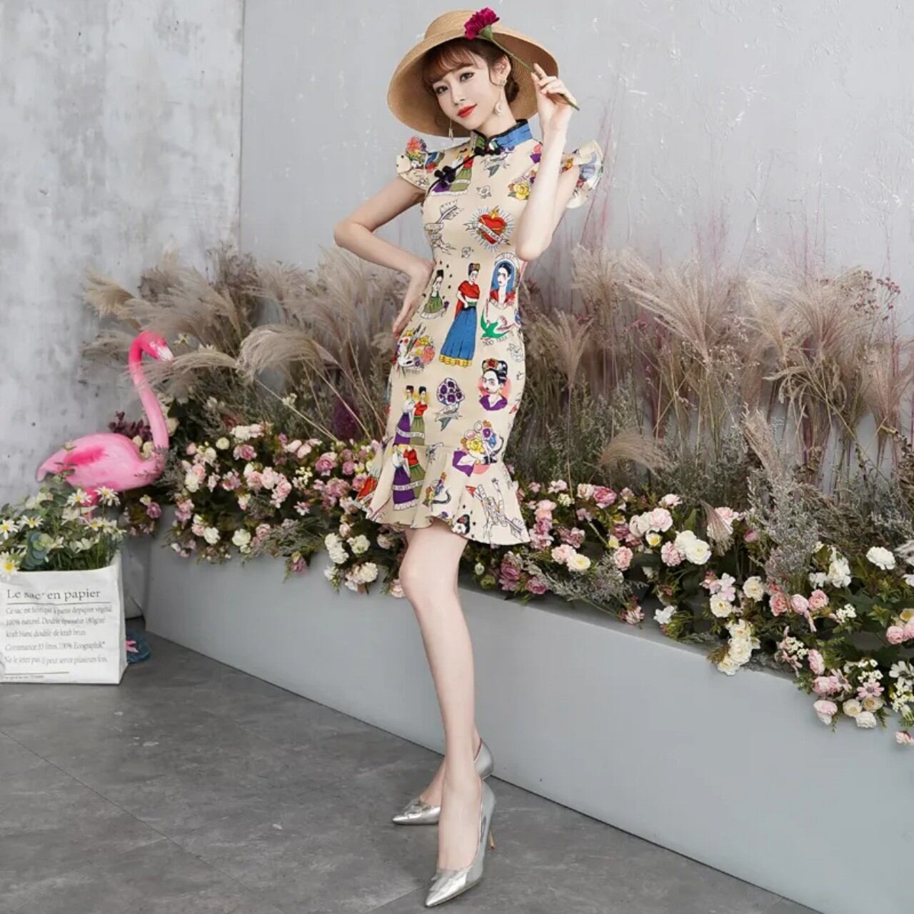 Đầm Sườn Xám Cách Tân Đuôi Cá Hàng Quảng Châu