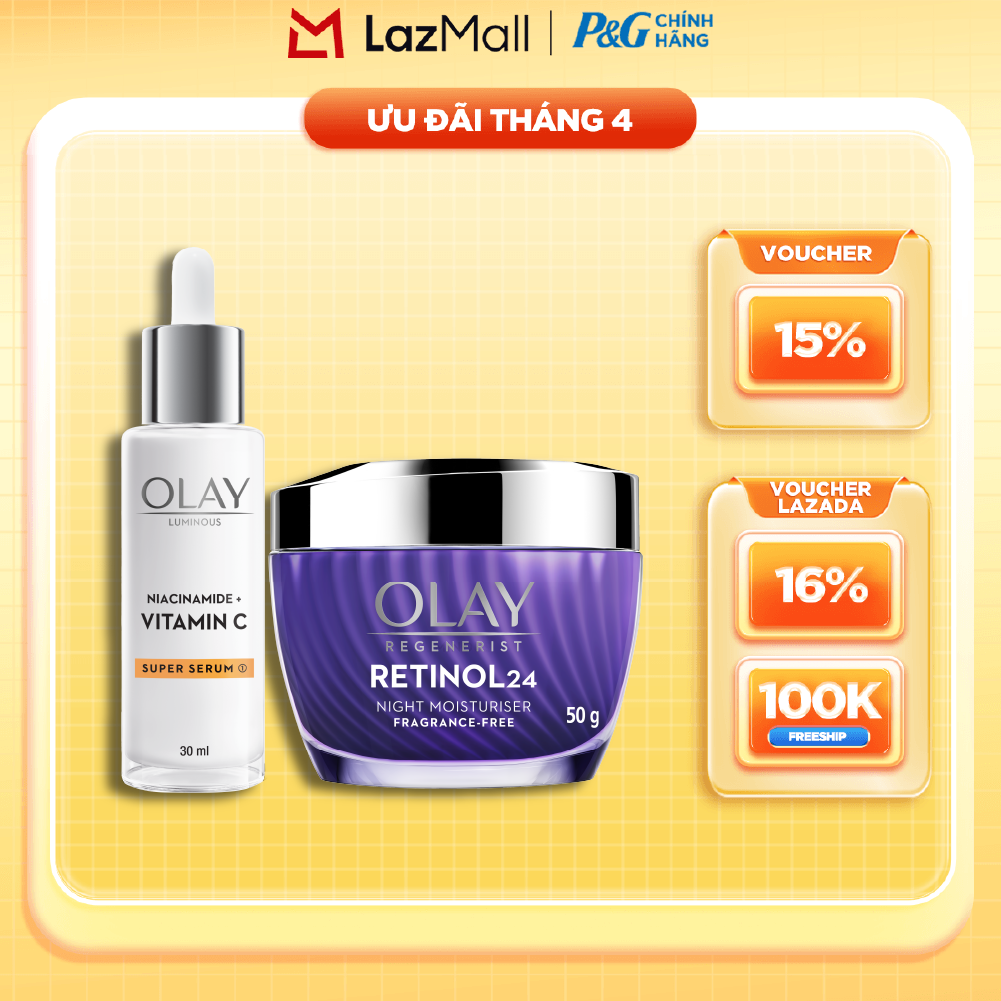 Combo Kem Dưỡng Ban Ngày OLAY Luminous Niacinamide VITAMIN C Giúp Mờ Vết Thâm, Đốm Nâu, Dưỡng Sáng Da Hũ 50G + Serum OLAY RETINOL24 Giúp Giữ Nét Tươi Trẻ Cho Da  Mờ Nếp Nhăn Chai 30ML