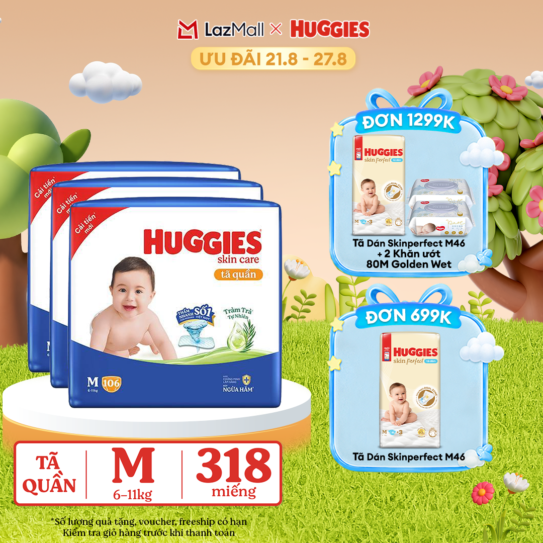 [17-24.08 GIẢM THÊM 90K]  Combo 3 Gói Tã/bỉm quần HUGGIES SKINCARE MEGA JUMBO size M106 miếng/ M102+4 miếng