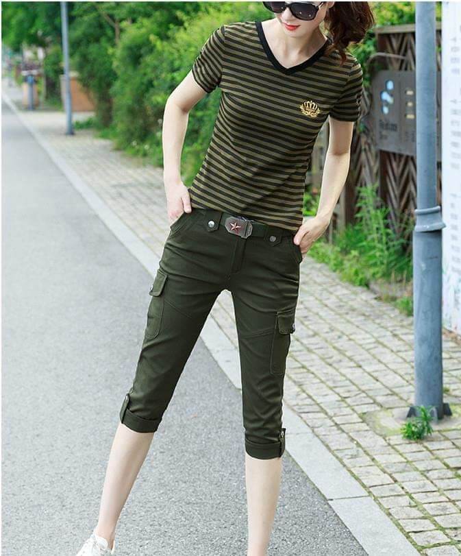 Sét đồ bộ lính lửng áo thun cổ tim quần kaki bộ mặc đi chơi, đồ mặc nhà siêu xinh có bigsize
