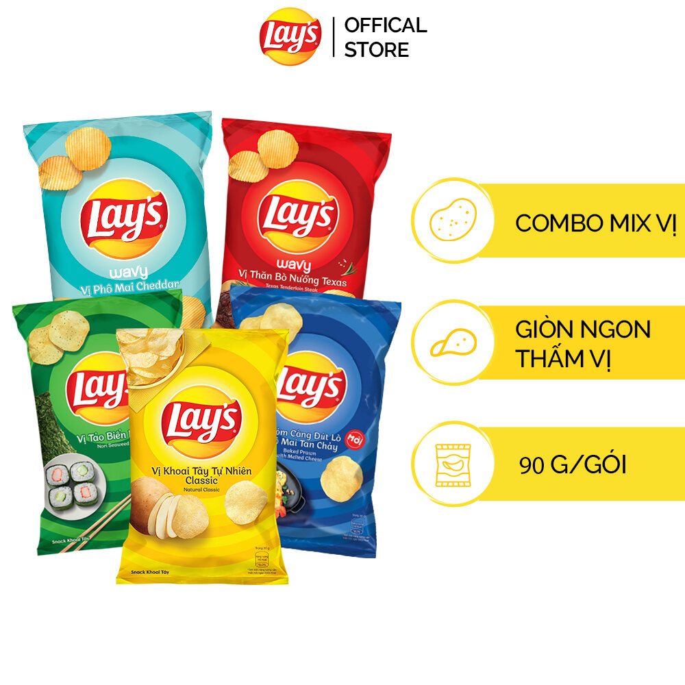 Combo 5 Lay's Tự nhiên 90g, Tảo Biển 90G, Phô Mai Cheddar 90G, Tôm Càng Phô Mai 90g, Bò Nướng Texas 