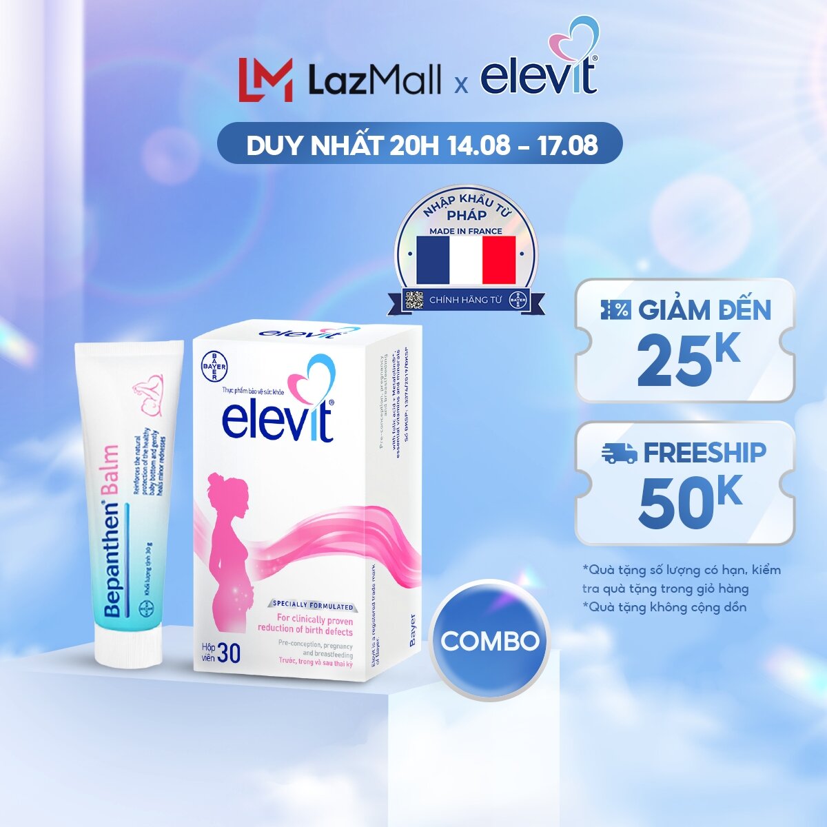 Combo mẹ khỏe con xinh (vitamin bầu tổng hợp elevit 30 viên + kem chống hăm bepanthen balm dạng kem mỡ 30g)