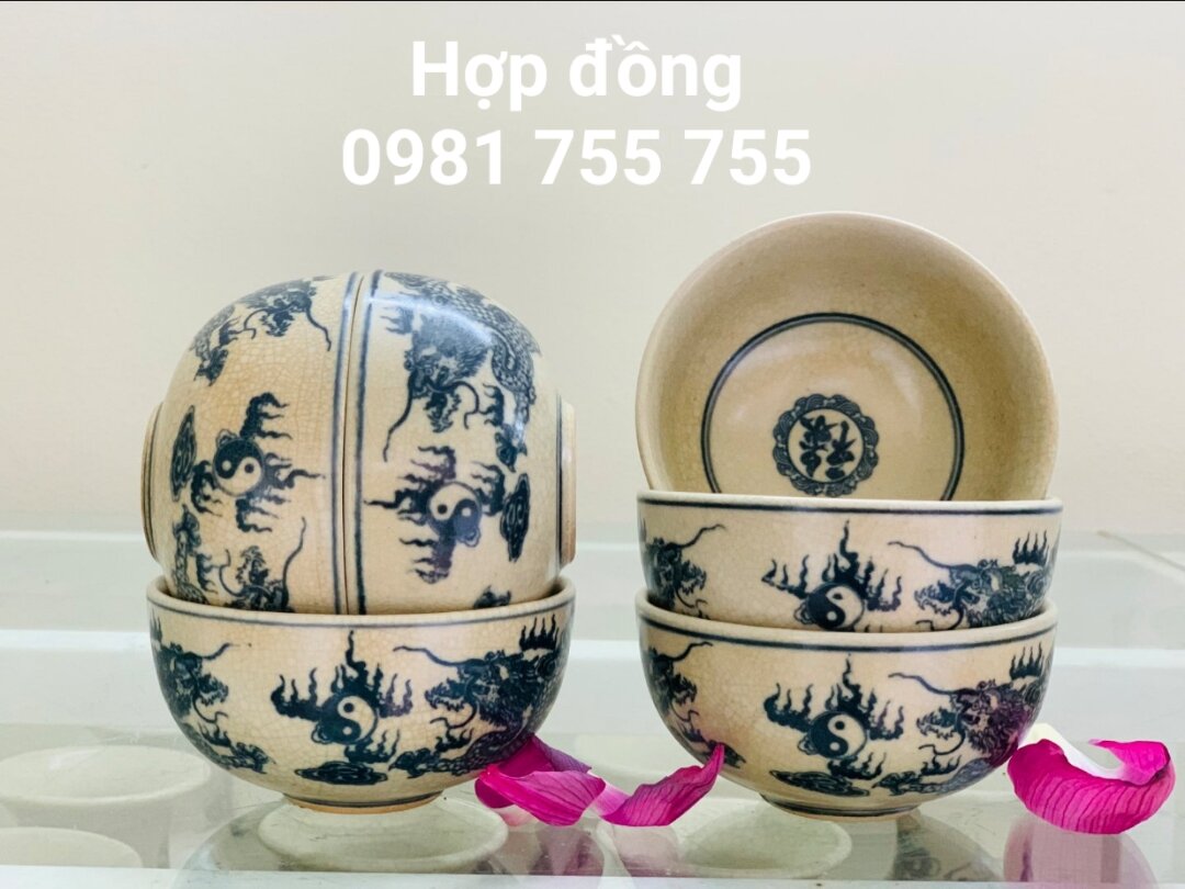 Bộ 6 bát ăn cơm,chén thờ men rạn cổ rồng cao cấp gốm sứ bát tràng