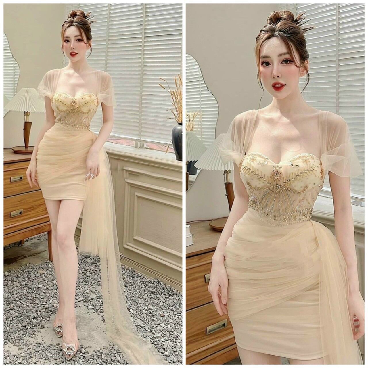 ĐẦM BODY BẸT VAI LƯỚI NHÚNG KẾT PHA LÊ