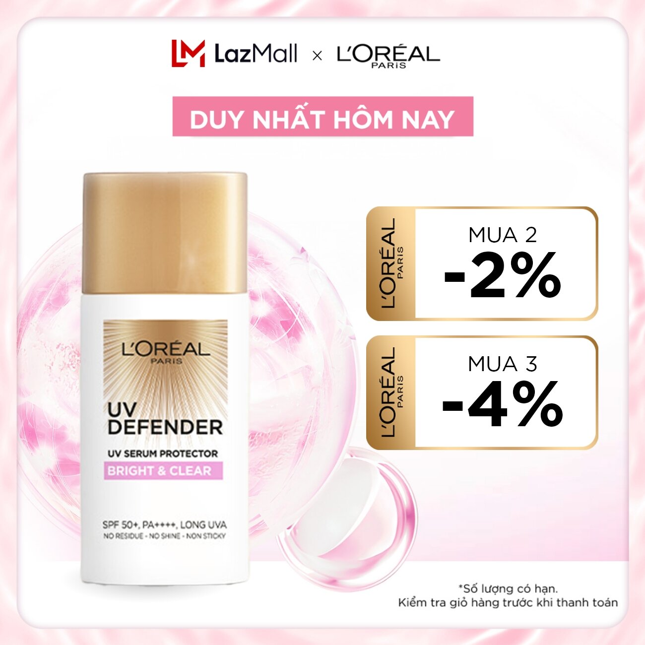 Kem chống nắng Nâng tông Giảm thâm Mịn Nhẹ Bảo vệ da Chống Lão hóa L’Oreal Paris UV Defender 50ml​