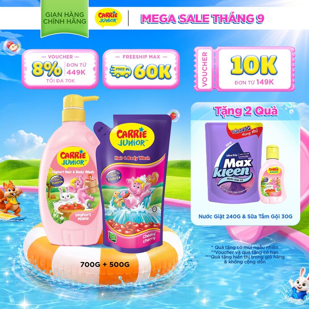 Combo Chai Sữa Tắm Gội Cho Bé Carrie Junior chiết xuất trái cây thiên nhiên Yoghurt hương Táo 700g + Cheeky Cherry 500g