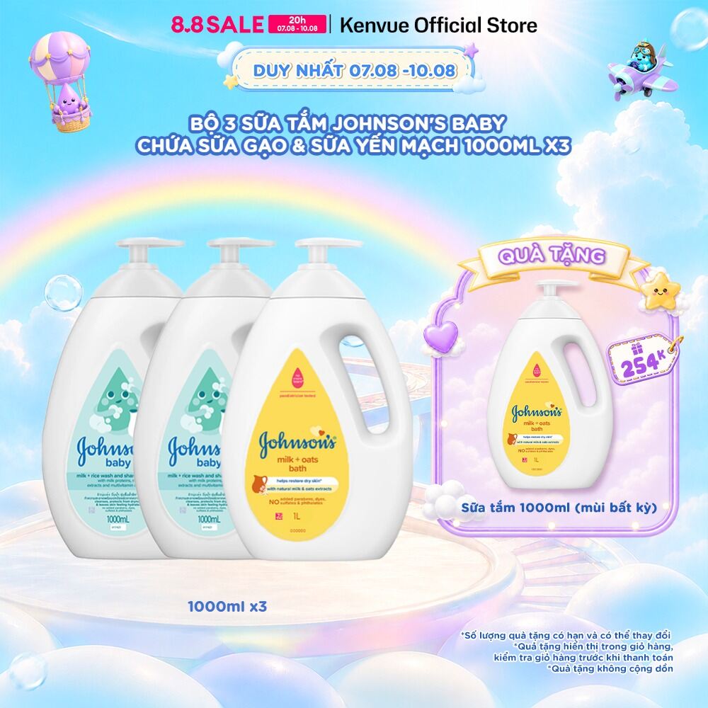 Combo 3 Sữa tắm Johnsons Baby Chứa Sữa Gạo & Yến Mạch - Dung tích 1000ml/chai