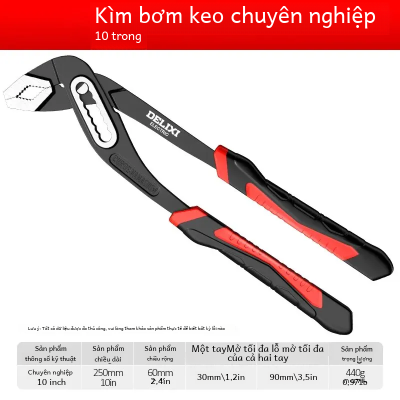 Kìm bơm nước điện Delixi Cờ lê ống điều chỉnh 7 tốc độ đa chức năng có tay cầm thẳng Chrome Vanadium cho đường ống trong nhà và máy móc nông nghiệp