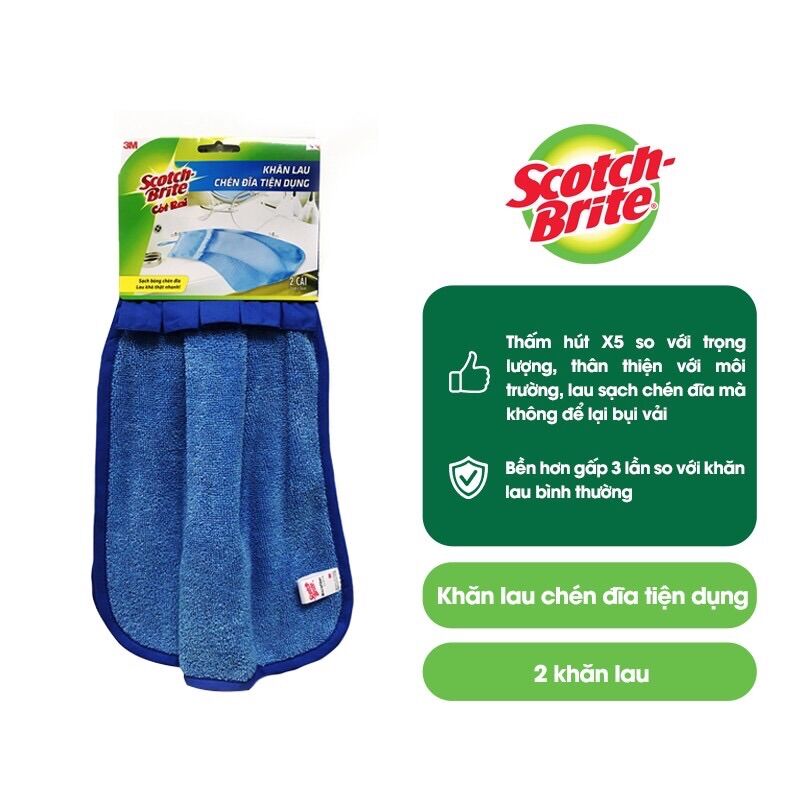 Khăn lau chén đĩa tiện dụng 3M (2 khăn lau) Scotch Brite, thấm hút X5 so với trọng lượng, thân thiện với môi trường, lau sạch chén đũa không để lại bụi vải.