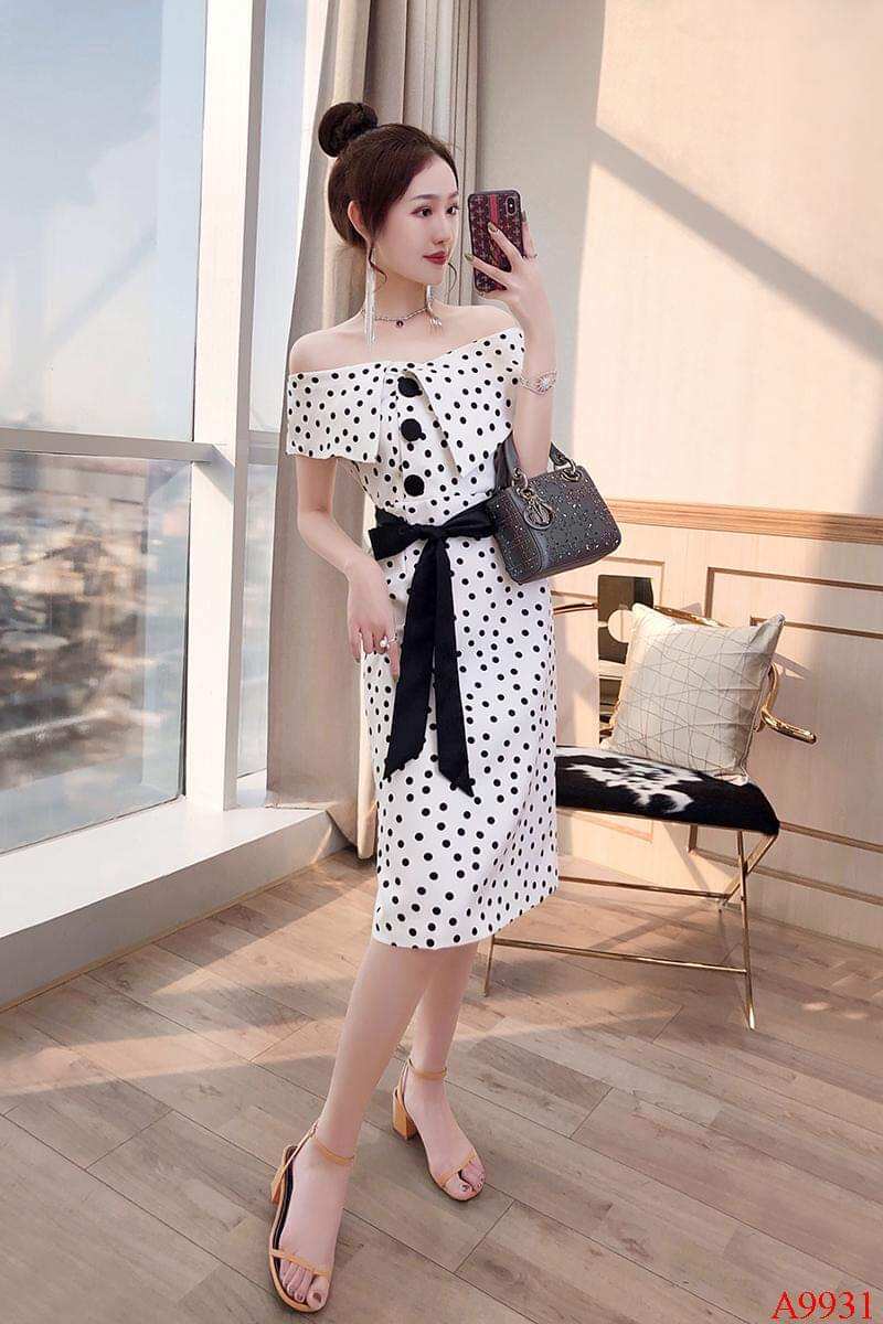 Đầm chấm bi kèm dây phối eo thắt nơ