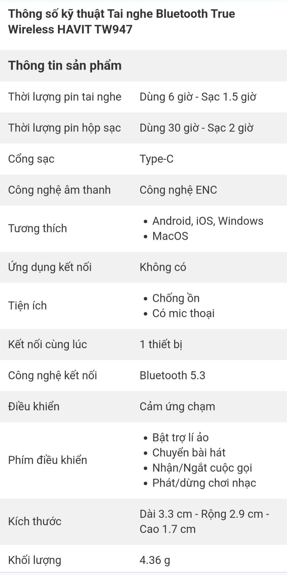 Tai nghe Bluetooth True Wireless HAVIT TW947 trưng bày 99%