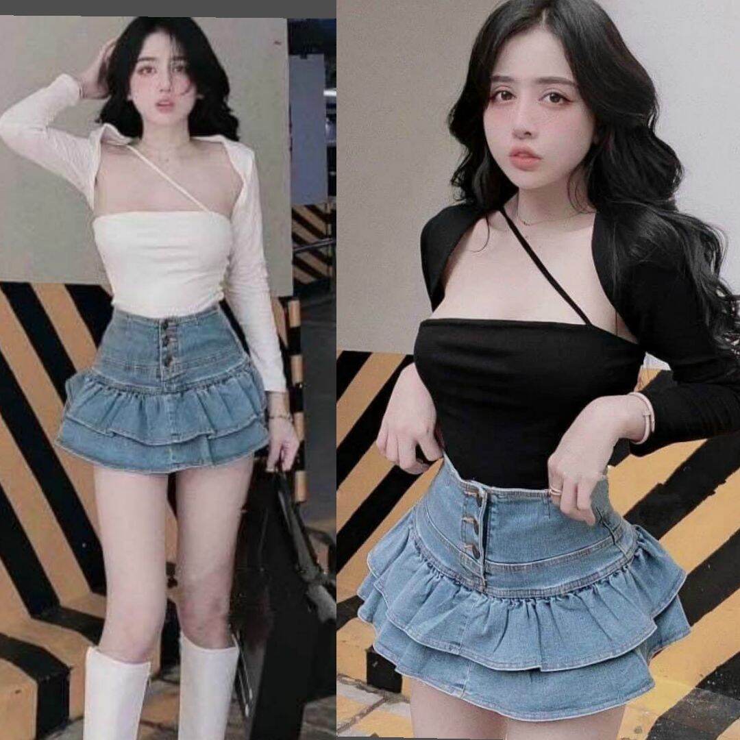 Chân váy jean 2 tầng xòe