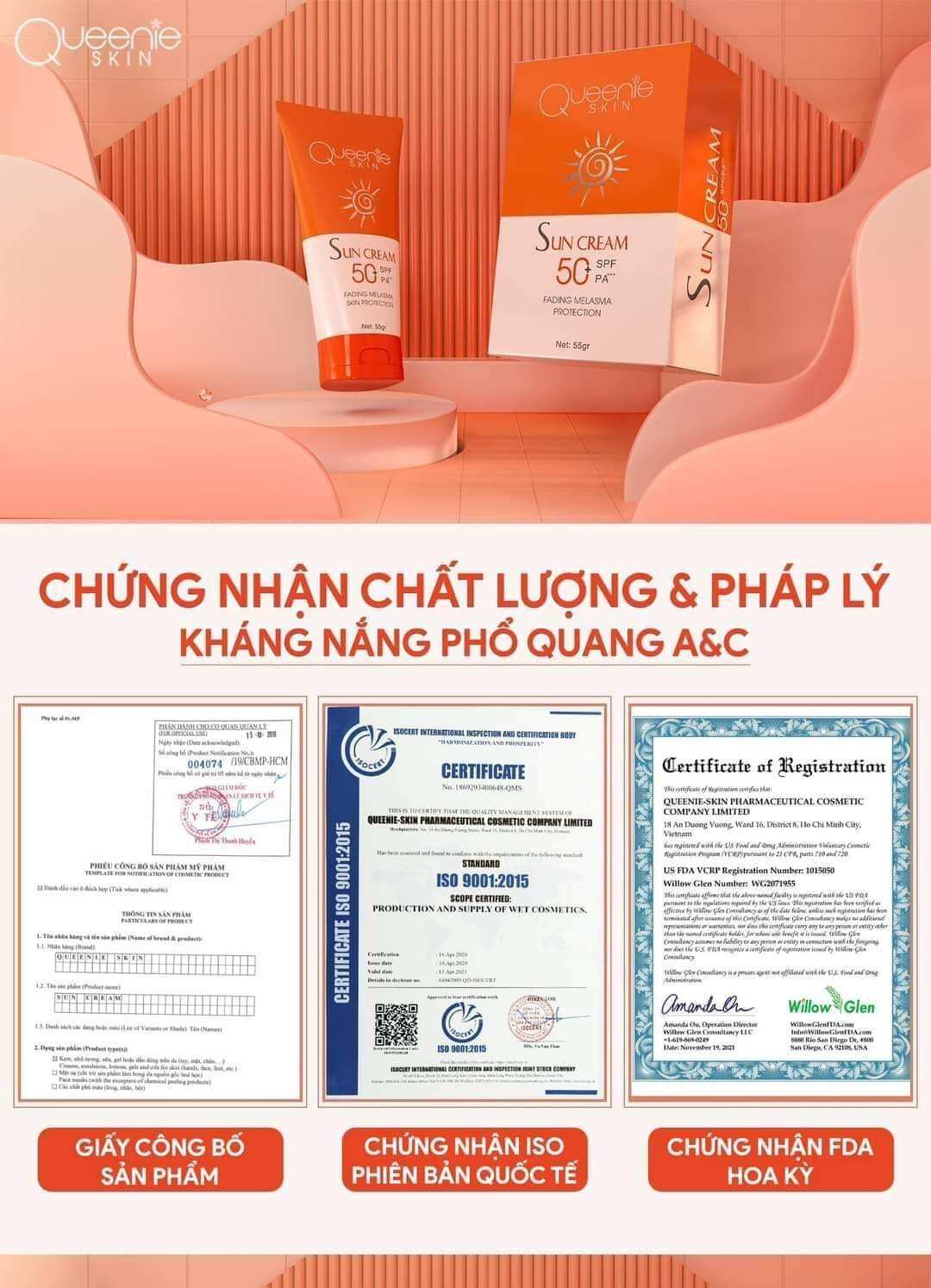 KEM CHỐNG NẮNG PHỔ QUANG A&C QUEENIE SKIN SPF50+ PA+++ 50ml làm nền dưỡng da trắng trang điểm và chống nắng hiệu quả