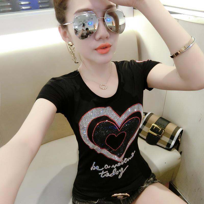 Áo Thun Ngắn Tay Cotton Trang Phục Nữ Cỡ Lớn Đính Đá Mùa Hè Phong Cách Hàn Quốc Cho Nữ Áo Mặc Trong Tôn Dáng Cổ Tròn Áo Dễ Phối Tay Lỡ
