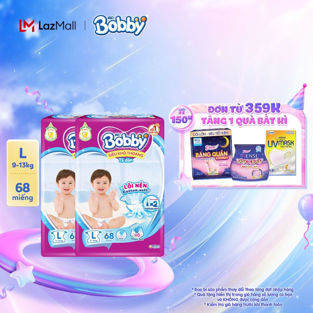 Combo 2 gói Tã dán Bobby Gạo non Giảm nhiệt - M76/L68/XL62/XXL56