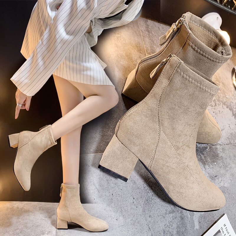 Fashionable Short Martin Boots Women's High Heel Chunky Boots Spring Autumn New Style All Match Matte Finish Korean Style Boots