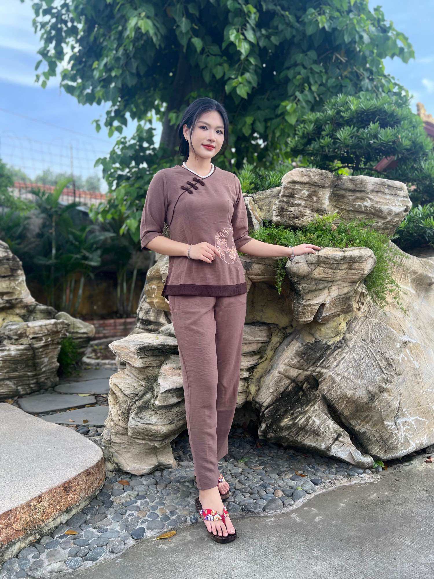 Đồ lam trung niên Mẫu đuỗi phối gấm thượng hải vải đũi cao cấp hàng loại 1 big size đến 80ký