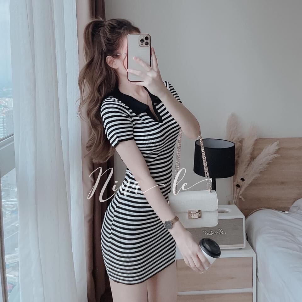 Đầm body ôm kẻ cổ bẻ xinh ĐS
