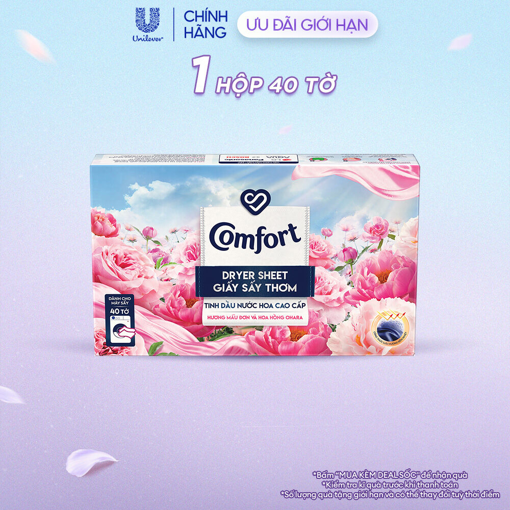 Giấy Thơm Comfort Hương Mẫu Đơn Và Hoa Hồng Ohara 40 tờ, Dành Cho Máy Sấy Quần Áo, Tủ Quần Áo