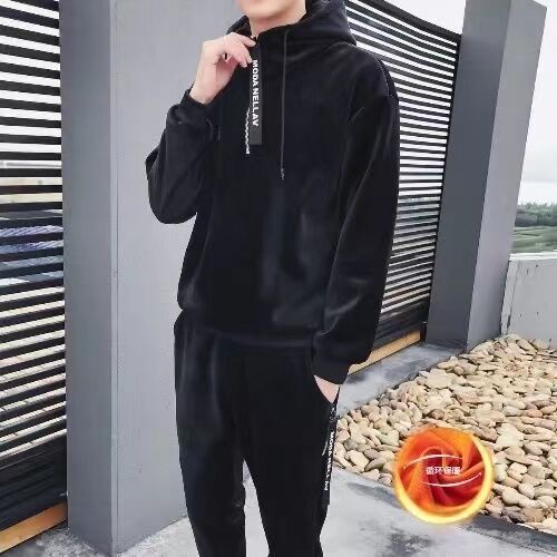 Bộ Đồ Thể Thao Lót Lông Cừu Nhung Vàng Dày Dặn Cho Nam Mùa Đông Có Mũ Trùm Đầu Quần Dài Áo Nỉ Bộ Đồ 