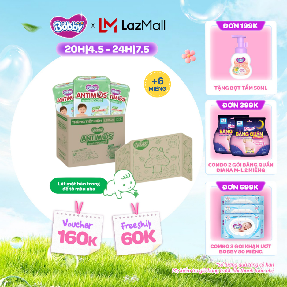 [CHỈ 20h 04-07.05 QT Đơn 899K/1199K][THÙNG TIẾT KIỆM TÔ MÀU] Combo 3 gói tã Quần Xua Muỗi Bobby Antimos – Hàng rào Sả tự nhiên Bye Muỗi 8H - L50+2