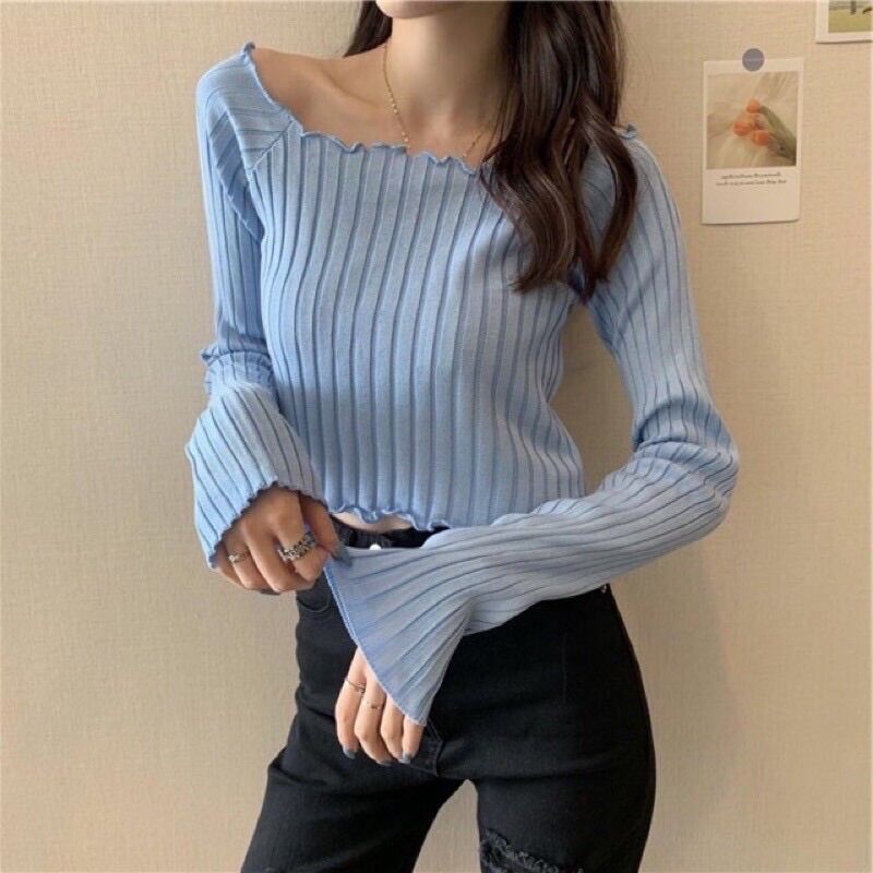 💥Áo len mongtoghi croptop dài tay trễ vai