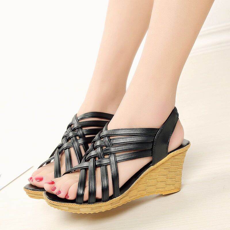 2019 Summer New Style Peep-toe Sandals Female Slanted Heel Muffin Flat High Heels Waterproof Platform Thick Bottomed Rome Sandal