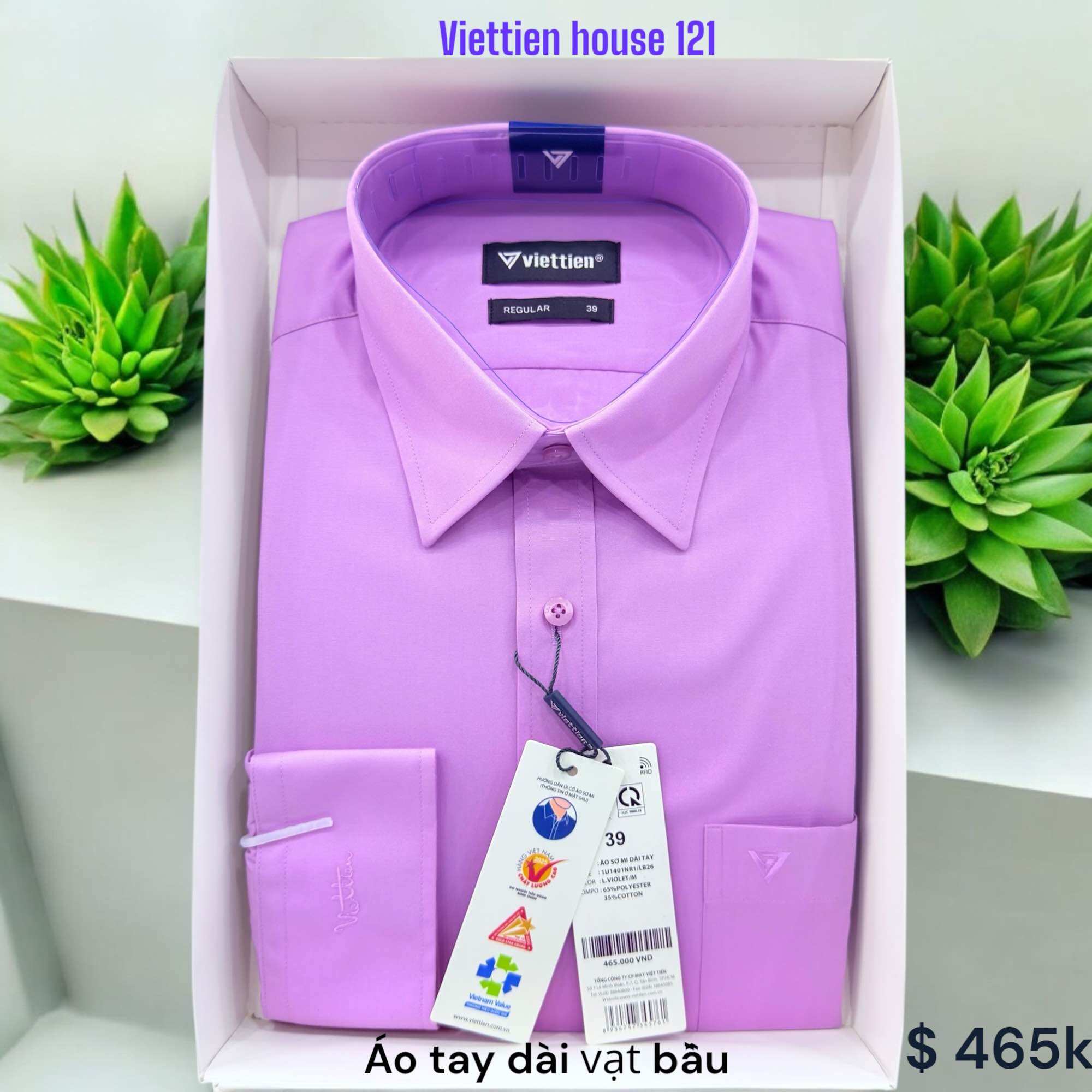 Việt tiến áo sơ mi màu tím hoa cà voilet trơn form Reguler vạt bầu