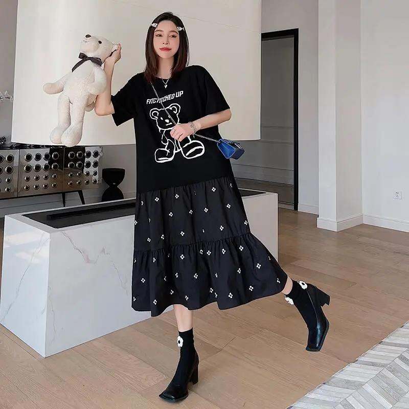 Cỡ Lớn Dài Mùa Hè Đầm Nữ Chân Váy Chữ A Hai Mảnh Giấu Kín Cotton Vải Bông Vải Rộng Rãi Vòng Eo Tay N
