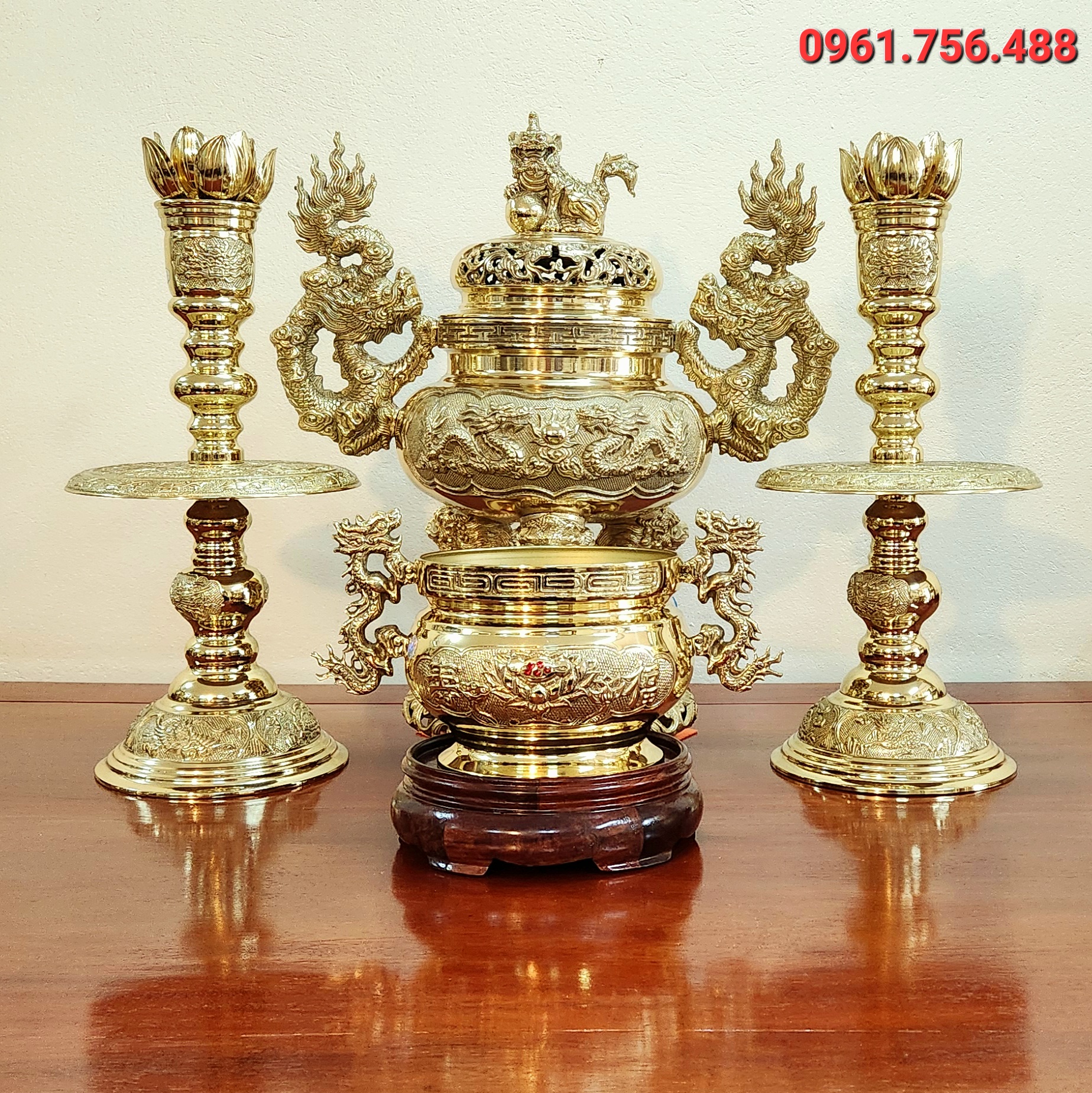 Bộ lư hương/ đỉnh đồng vàng 50cm- bộ lư nến bát nhang