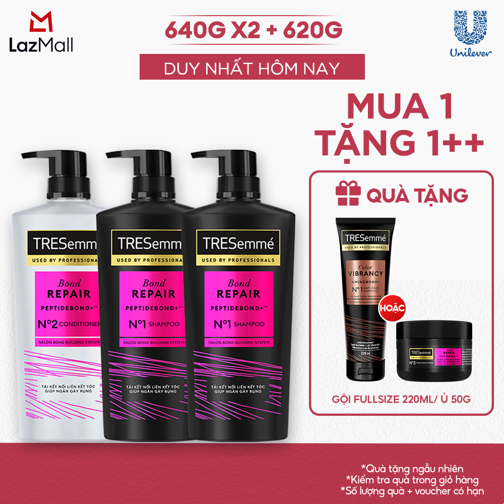 Combo 2 Dầu Gội Và 1 Dầu Xả TRESemmé Bond Repair Peptidebond+ Giúp Ngăn Gãy Rụng (640g X 2 Và 620g)
