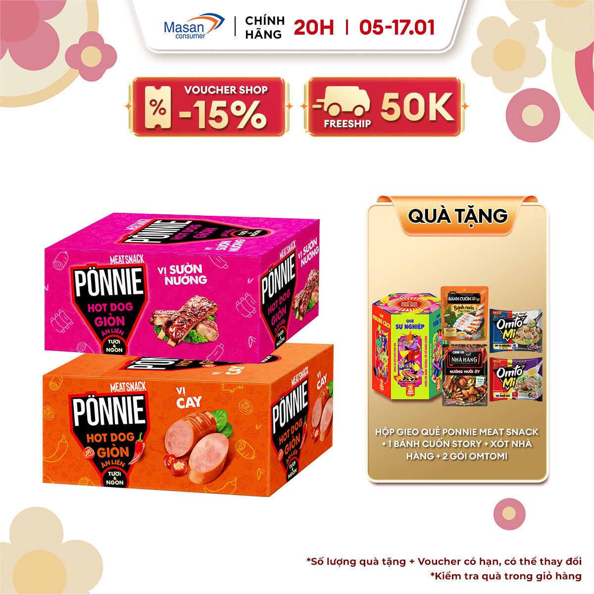 [VC 15% ĐƠN 199K] Combo 2 hộp hot dog Ponnie vị cay và sườn nướng (2 Hộp 40 Cây x 28G)