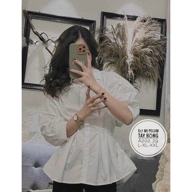 55-90kg bigsize áo sơ mi peplum chiết eo