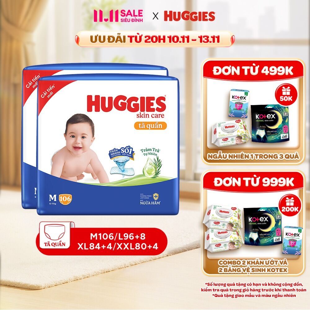 Combo 2 Tã/bỉm quần Huggies Skin Care Mega Jumbo M106/L100+4/ XL84+4/XXL76+4 với tràm trà dịu da