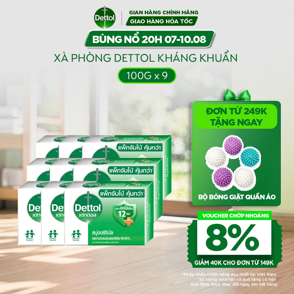 Combo 9 xà phòng Dettol kháng khuẩn hương tinh dầu thông 100g