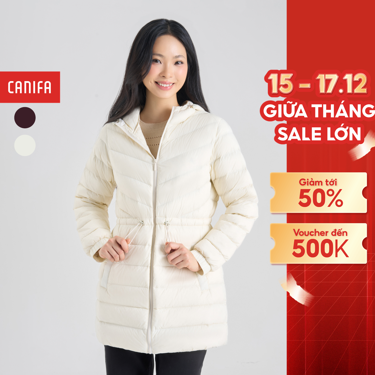15-17.12 GIẢM TỚI 50% Áo khoác lông vũ nữ CANIFA dáng dài có mũ siêu nhẹ giữ ấm 6OT24W010