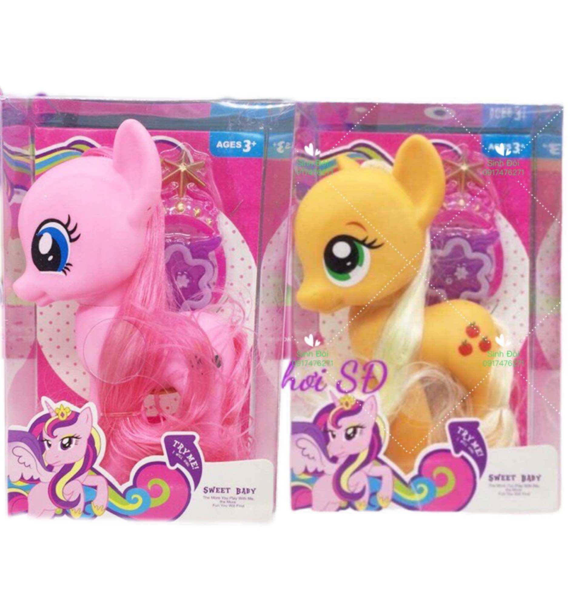 Mô hình ngựa pony màu hồng và cam - mô hình nhựa dẻo có đèn và tiếng kêu - ngựa cao 17cm
