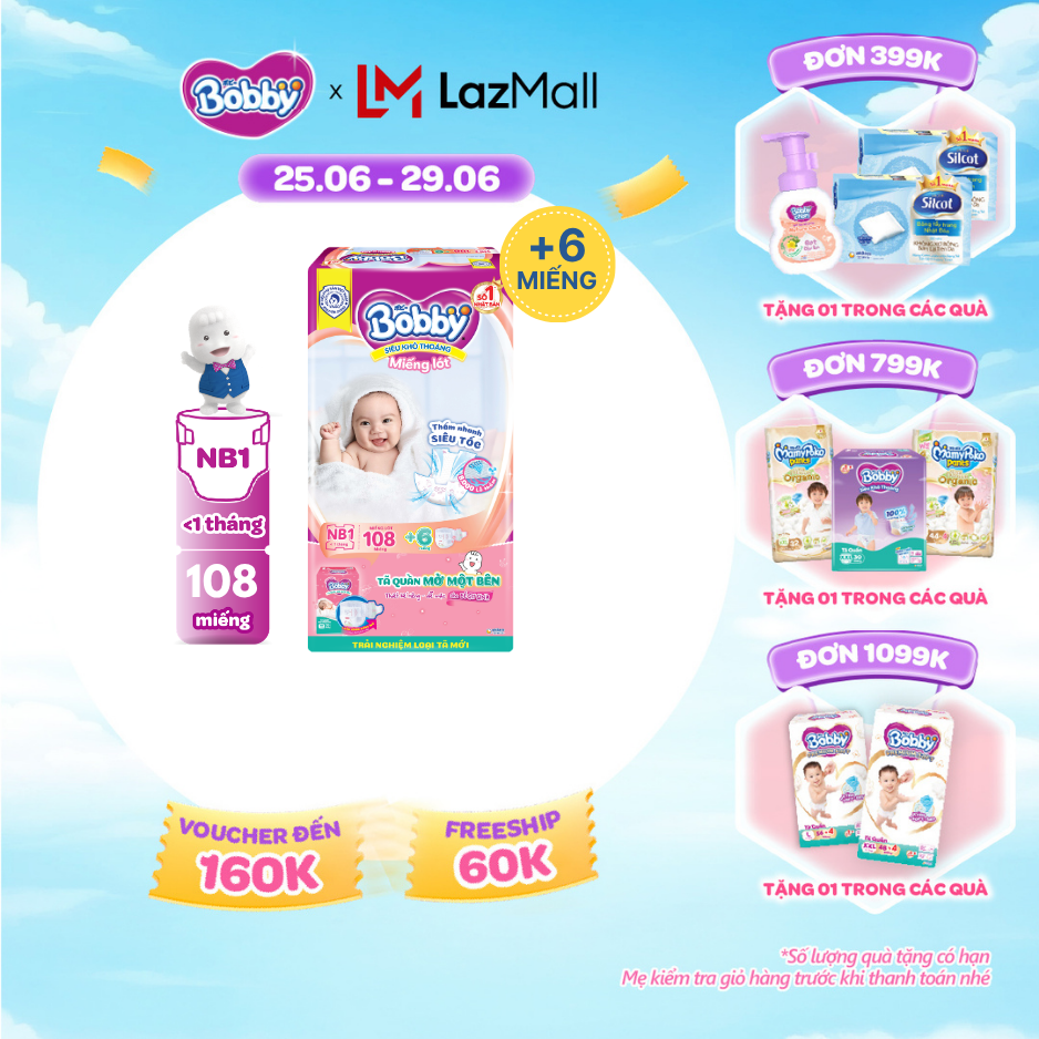 [SALE CUỐI THÁNG tặng QUÀ TO-SLCH]Miếng lót sơ sinh Bobby gói lớn Newborn 1-108 miếng (0-5kg) + Tặng kèm 6 miếng tã quần mở 1 bên Bobby size NB / NB-S