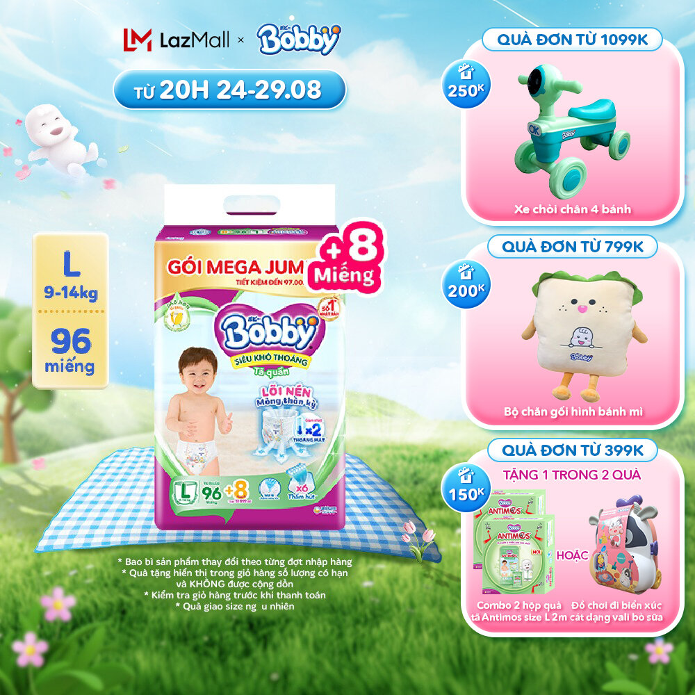 Tã/bỉm quần bobby 3mm gạo non l96