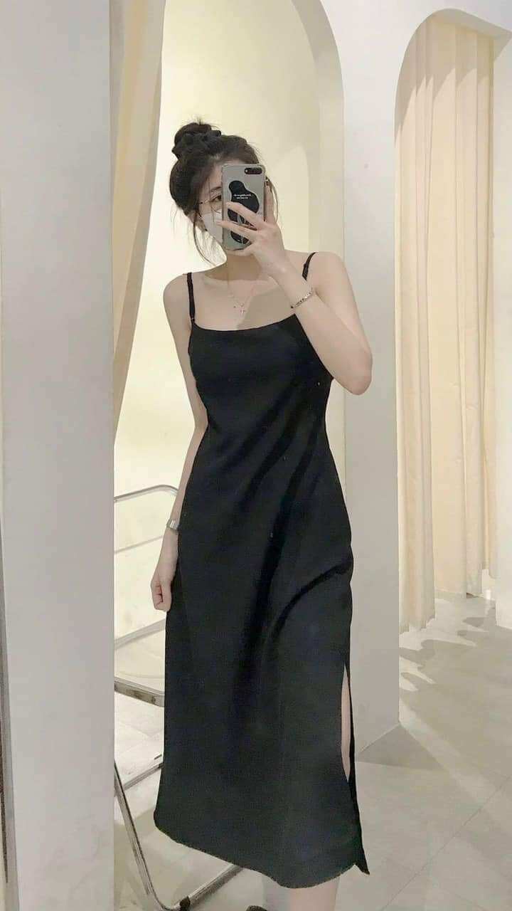 Đầm midi đen hở lưng DD183